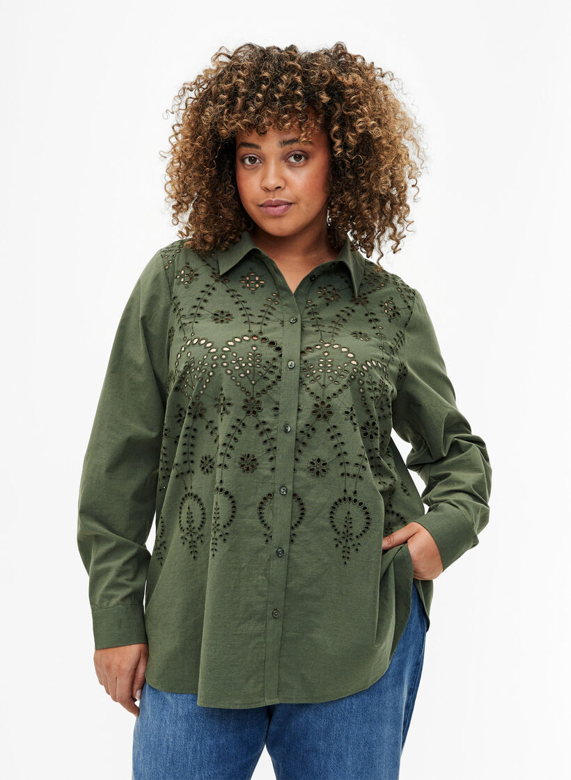 Chemise en coton avec broderie anglaise, Thyme, Model image number 0