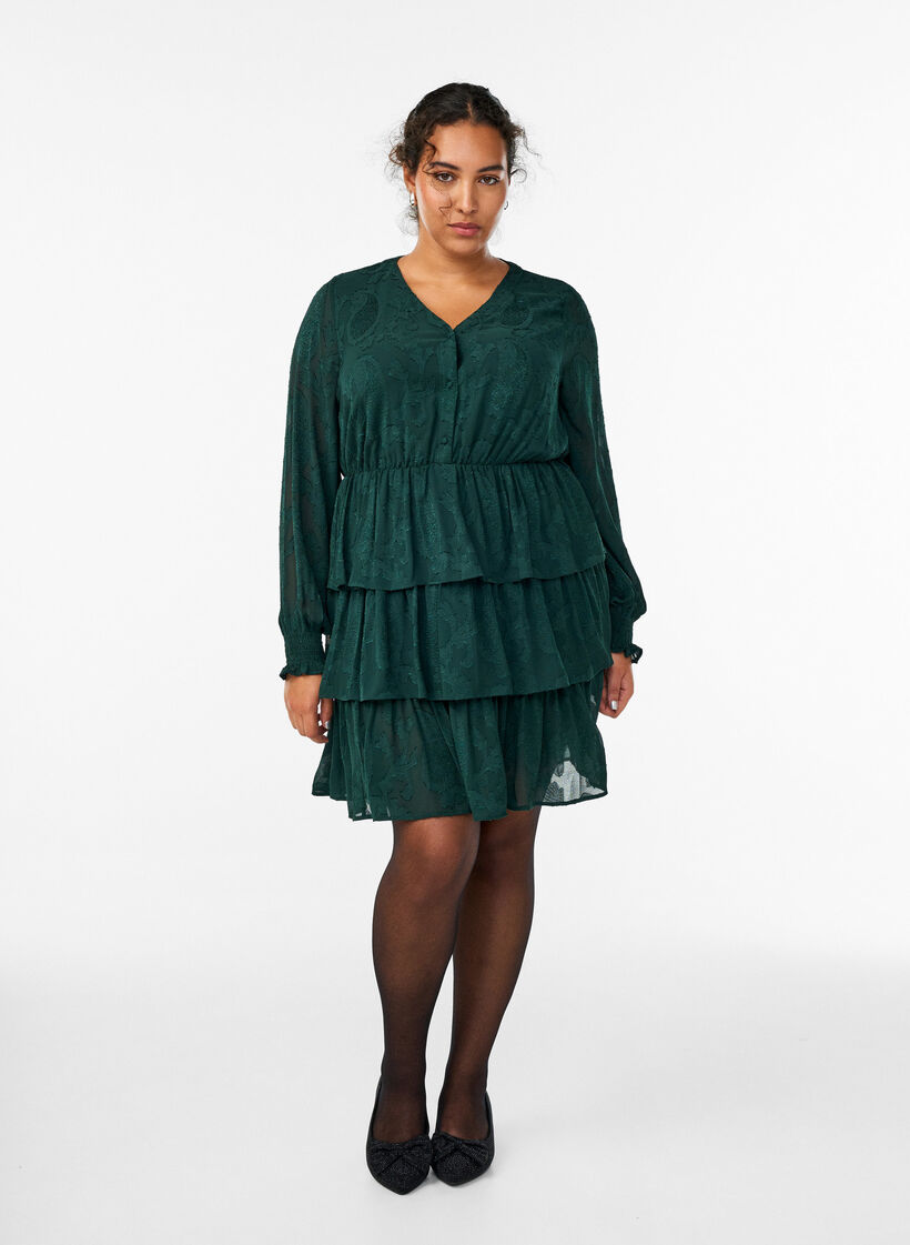 Robe courte &agrave; volants et motif textur&eacute;, Vert fonc&eacute;, Model image number 1