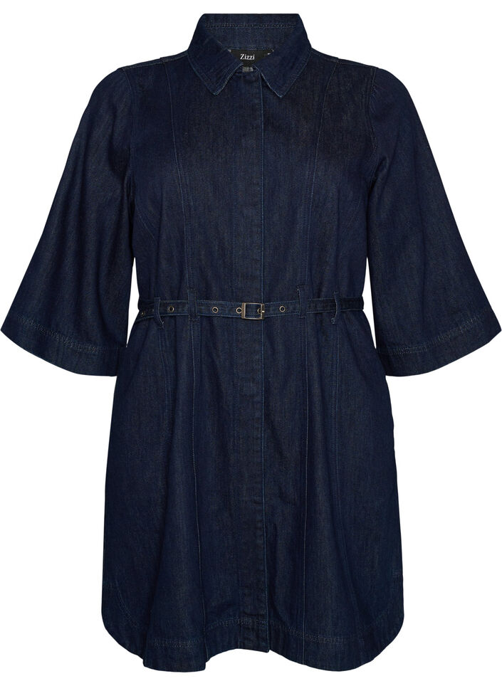 Robe en jean avec ceinture et manches 3/4, Bleu, Packshot image number 0