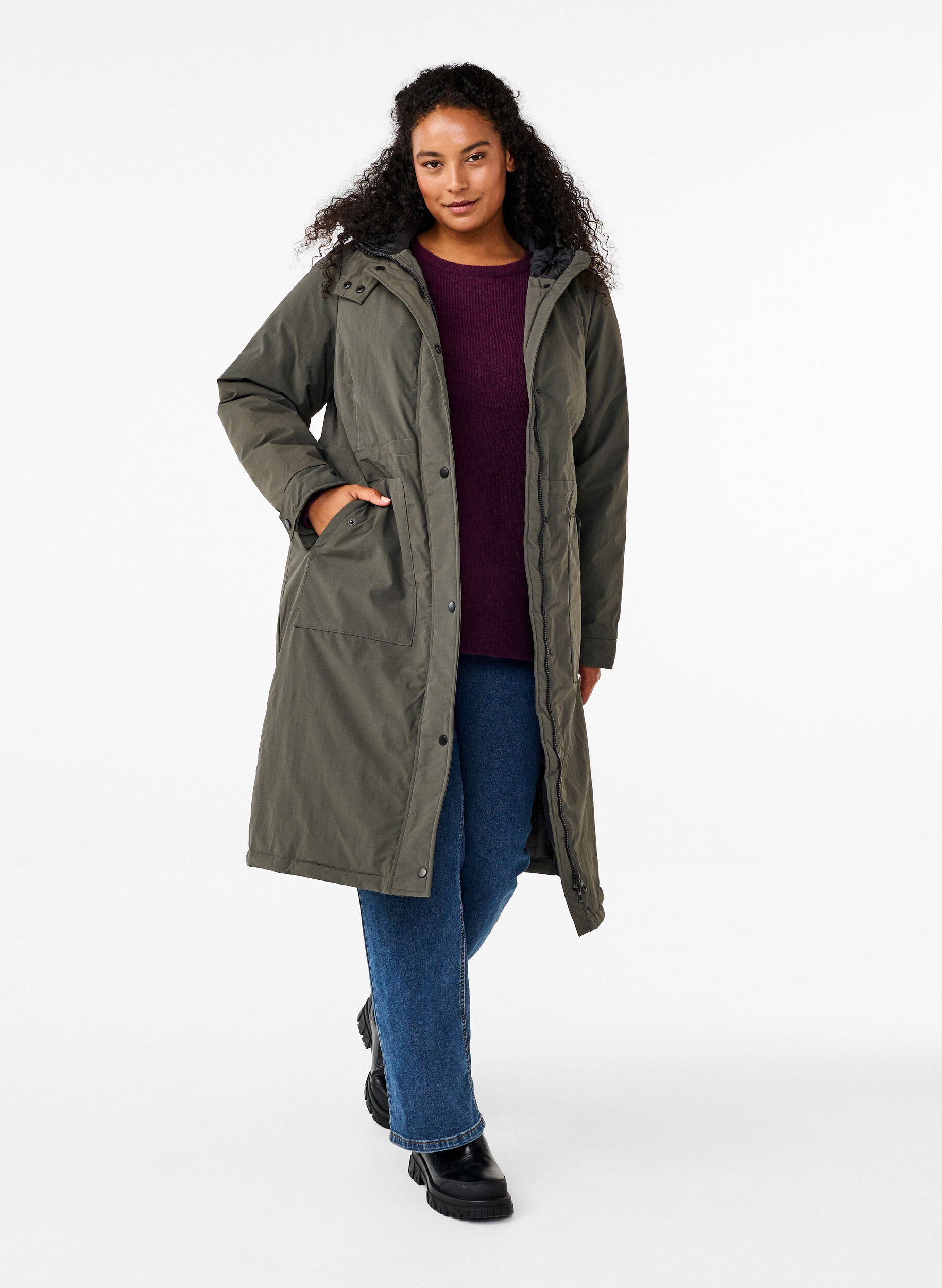 Zizzi Parka avec capuche et taille r&eacute;glable, Black Olive, Model image number 1