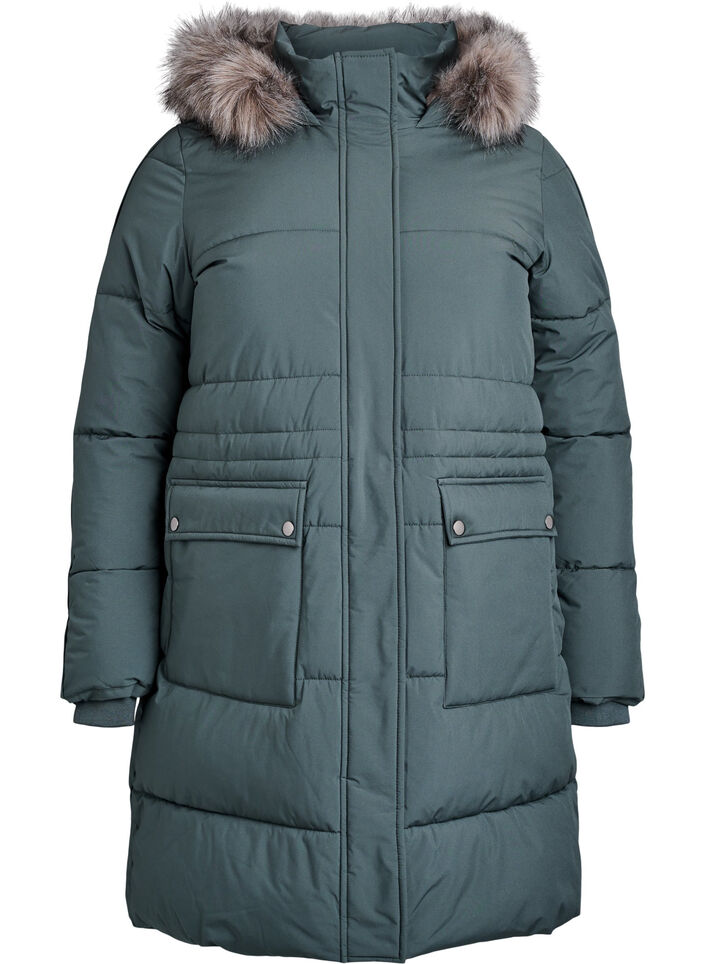 Parka déperlante avec col en fausse fourrure, Vert foncé, Packshot image number 0