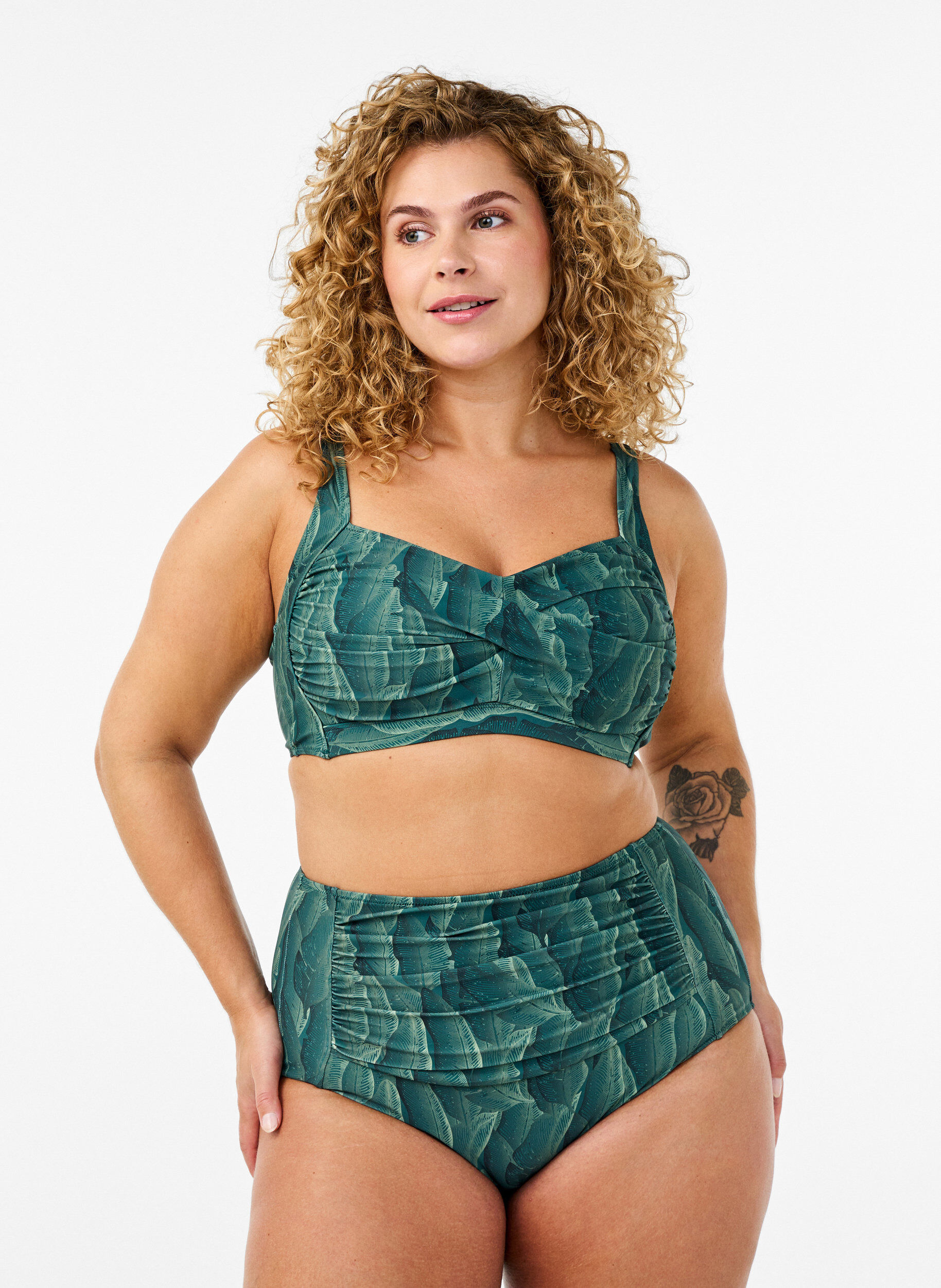 Zizzi Culotte de bikini imprim&eacute;e et taille haute, Vert fonc&eacute;, Model image number 0
