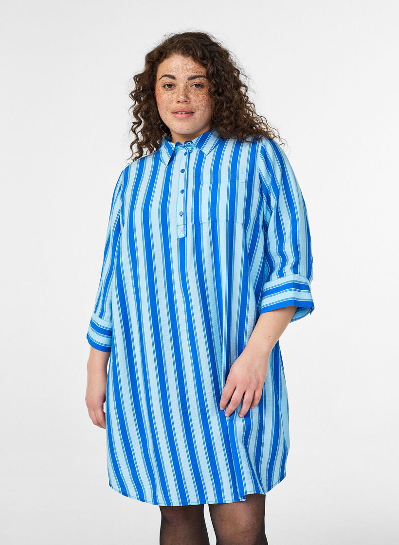 Robe courte avec col et poche poitrine, Bleu, Model image number 0
