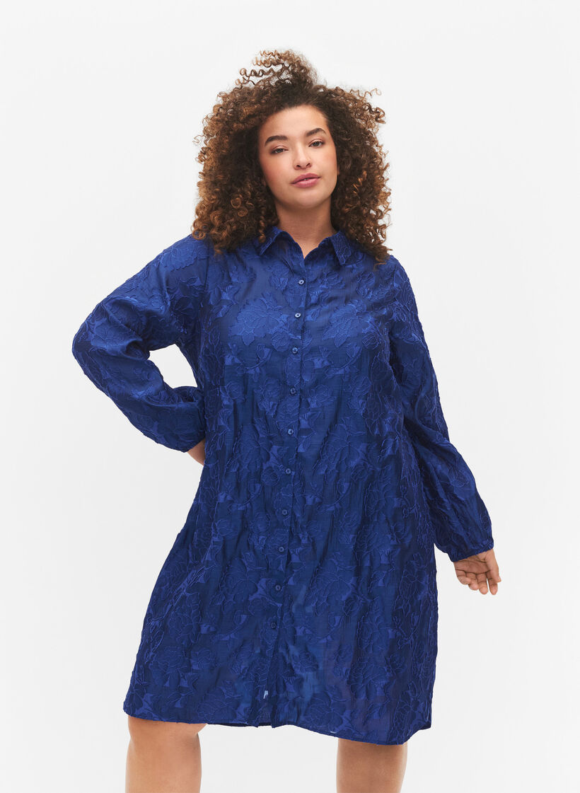 Chemise longue en jacquard, Mazarine Blue, Model image number 0