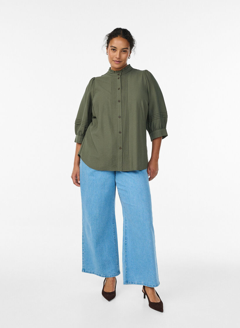 Blouse avec manches 3/4 et plis décoratifs, Vert, Model image number 1