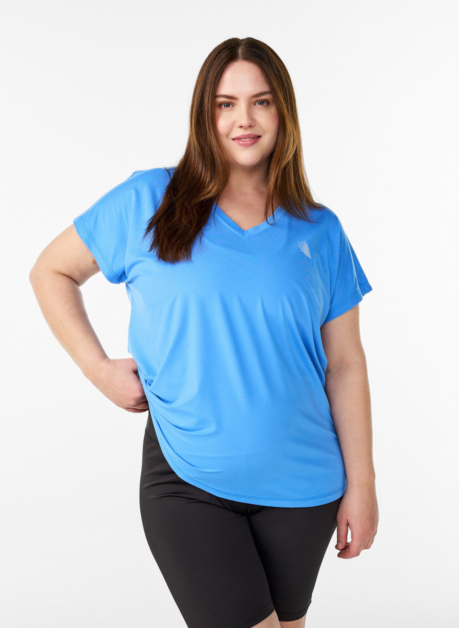 T-shirt ample de sport &agrave; col en V, Bleu, Model