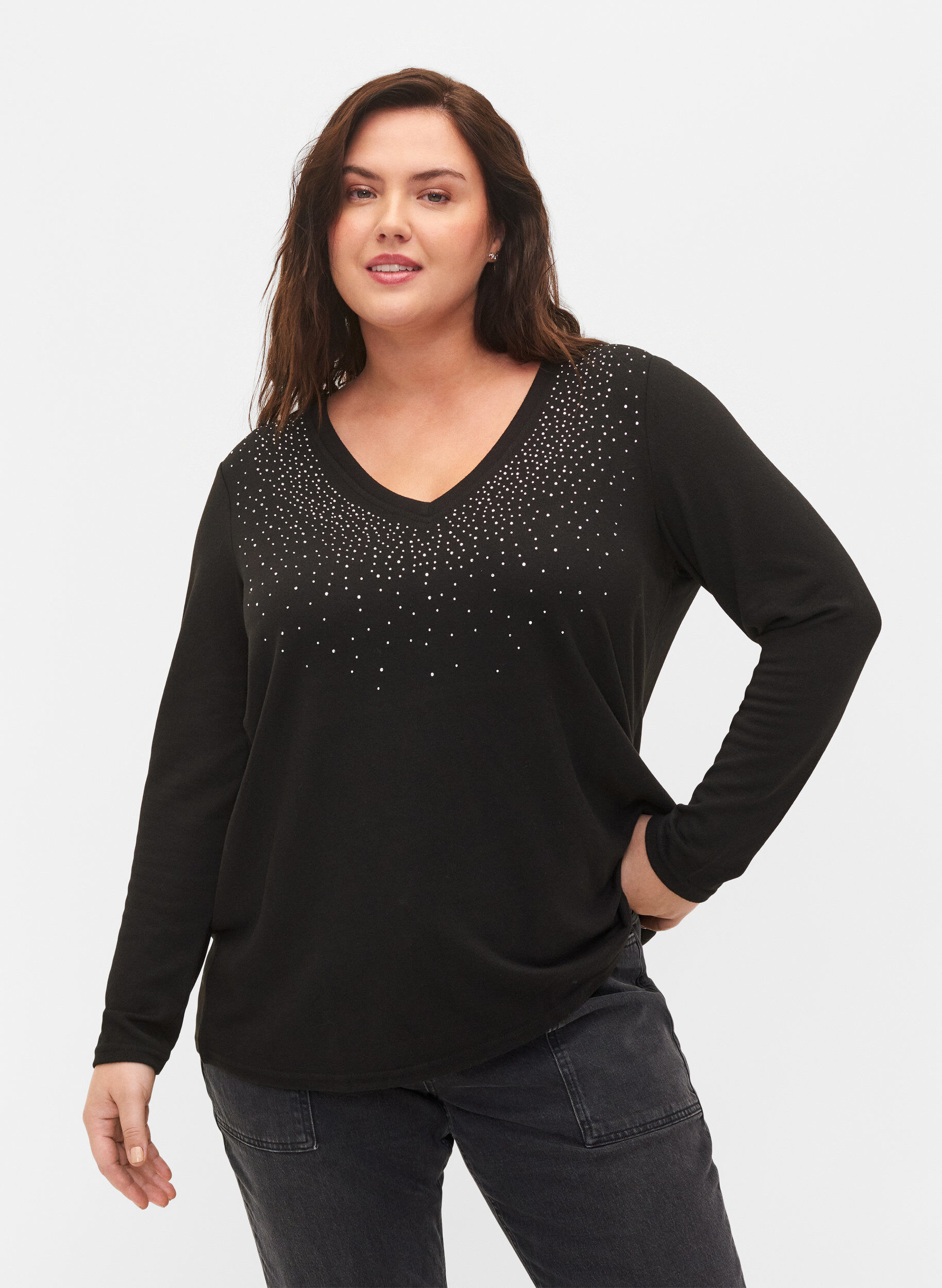 Zizzi Blouse avec similis et manches longues, Black, Model image number 0