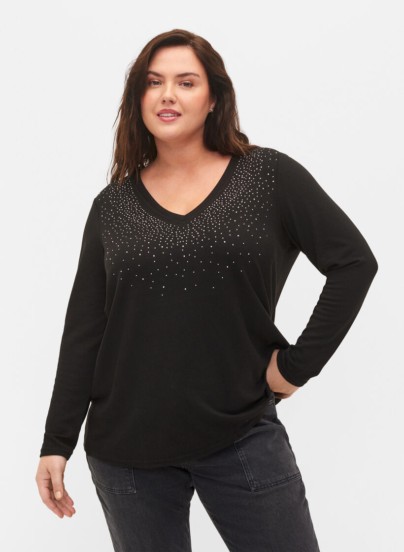 Blouse avec similis et manches longues, Black, Model image number 0