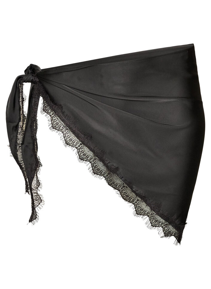 Foulard en satin avec ourlet en dentelle, Noir, Packshot image number 0