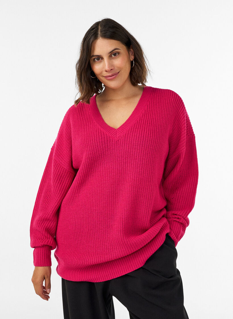 Blouse longue en maille c&ocirc;tel&eacute;e avec col en V, Rose, Model image number 0