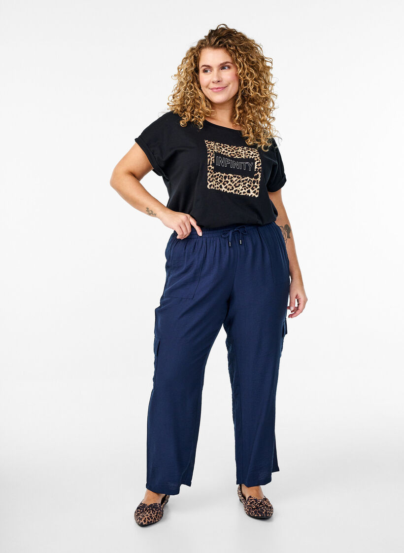 Pantalon cargo taille haute, Bleu, Model image number 0