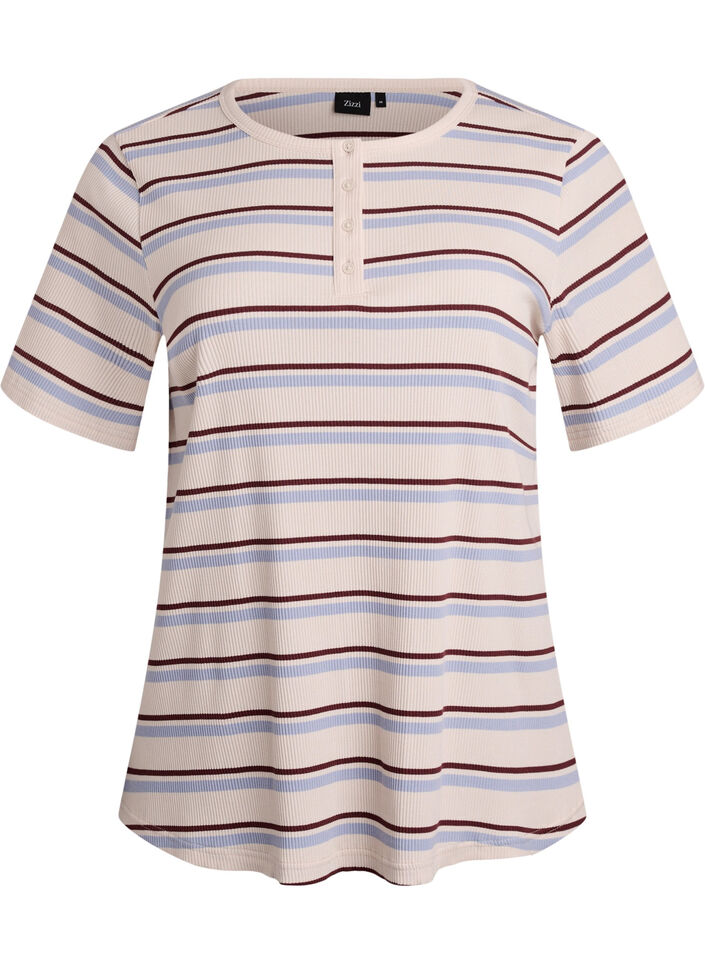T-shirt c&ocirc;tel&eacute; &agrave; rayures et d&eacute;tail boutonn&eacute;, Mauve, Packshot image number 0