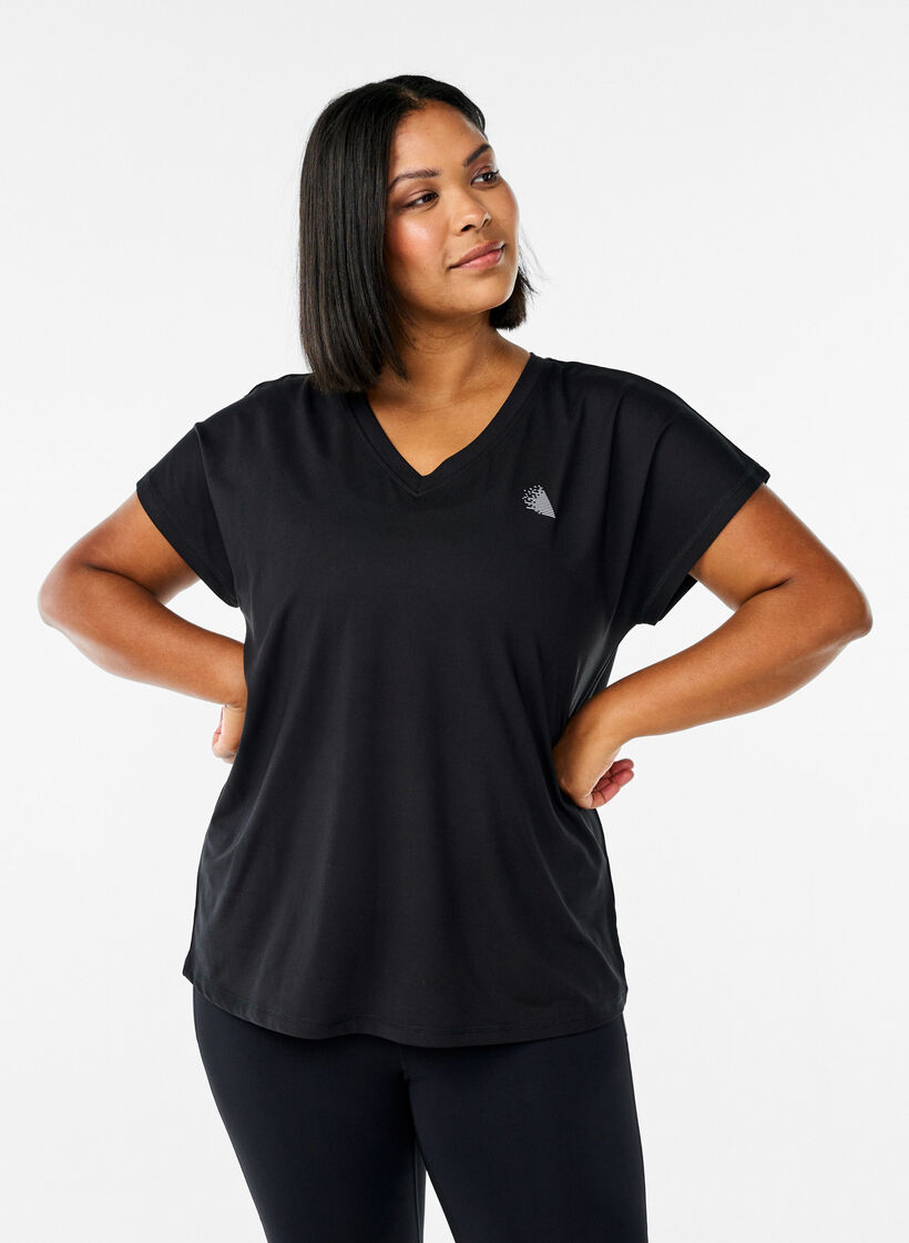 T-shirt de sport ample avec col en v, Noir, Model image number 0