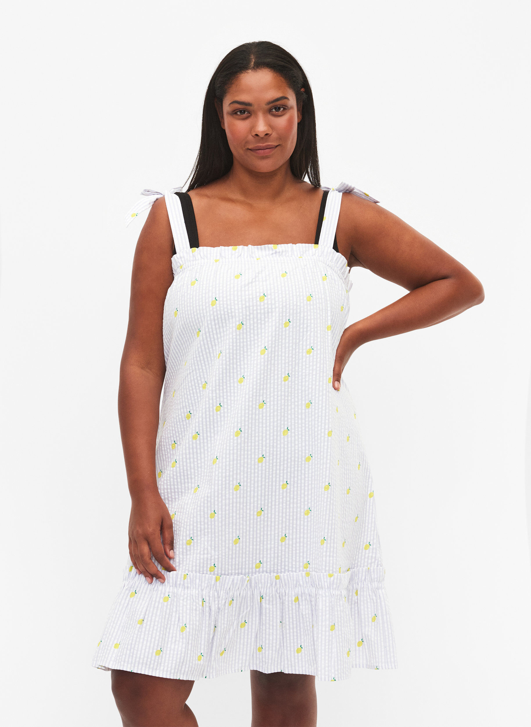 Zizzi Robe de plage en coton avec bretelles &agrave; nouer, Lemon Print, Model image number 0