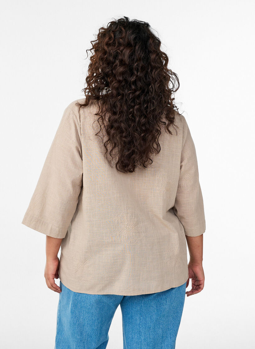 Blouse en coton avec d&eacute;tails brod&eacute;s et manches 3/4, Beige, Model image number 2
