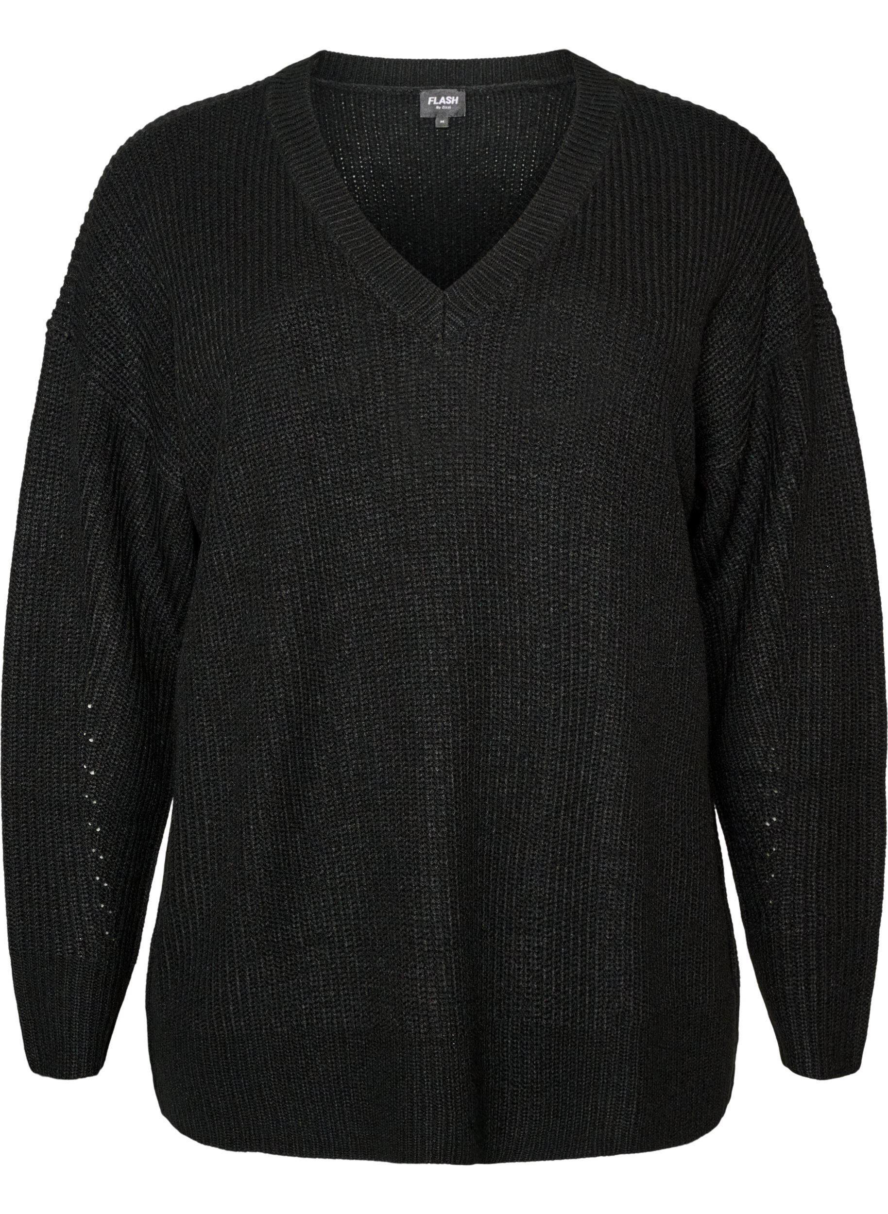 ZizziBlouse longue en maille c&ocirc;tel&eacute;e avec col en V, Noir, Packshot image number 0