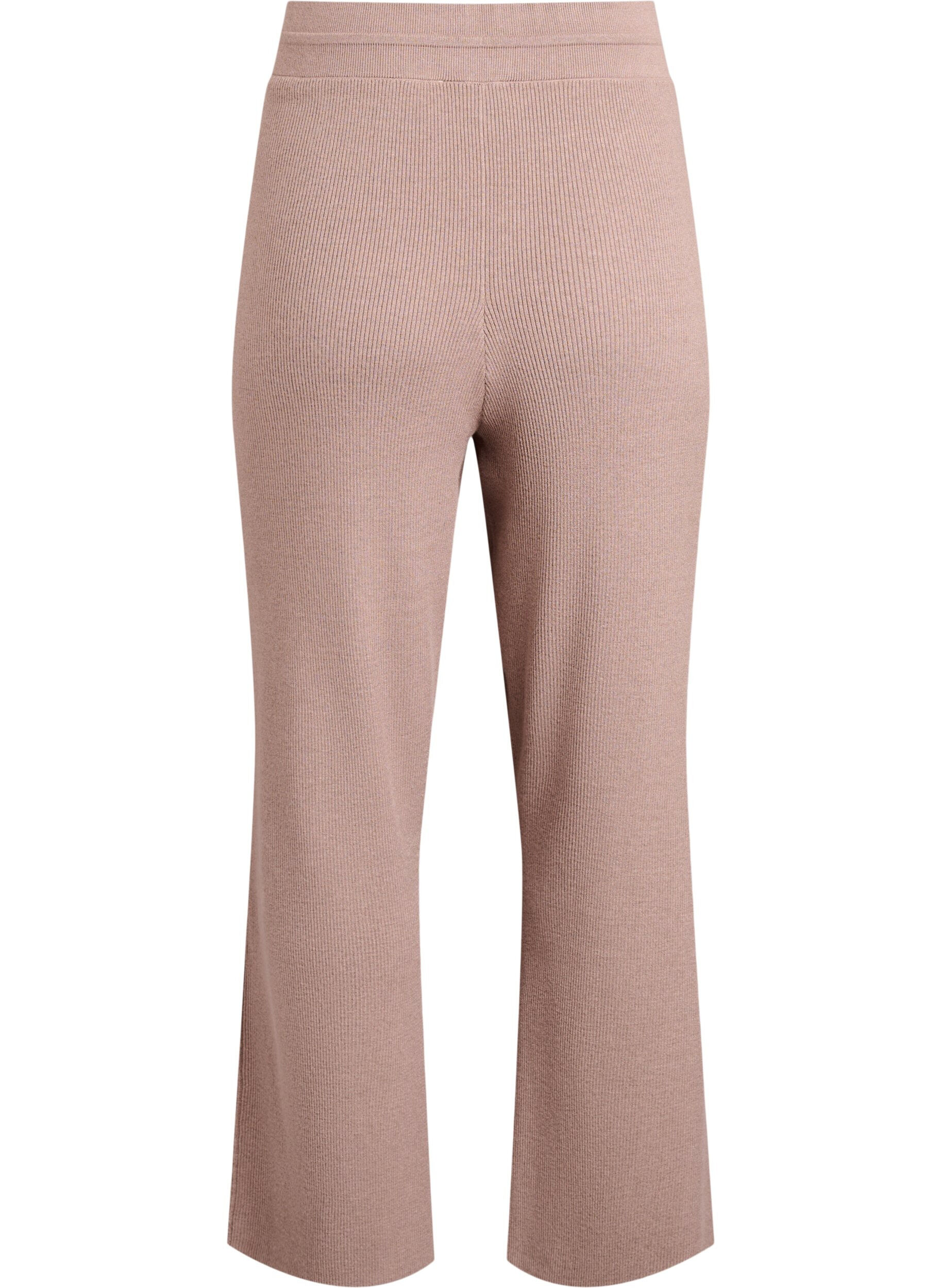 Zizzi Pantalon taille haute en maille c&ocirc;tel&eacute;e &agrave; jambes droites, Beige, Packshot image number 1