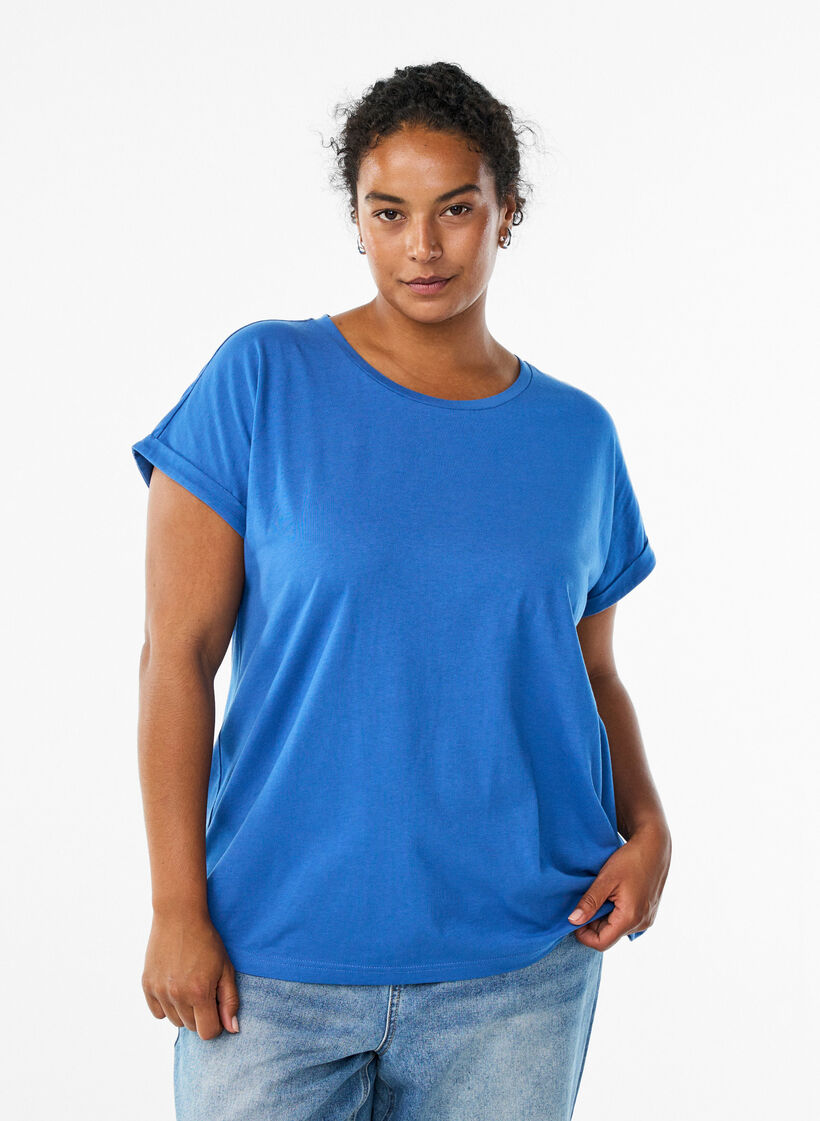 T-shirt &agrave; manches courtes en m&eacute;lange de coton, Bleu, Model image number 0