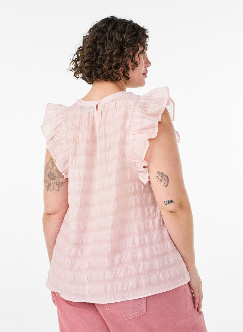 Blouse sans manches textur&eacute;e avec volants, Rose, Model image number 2