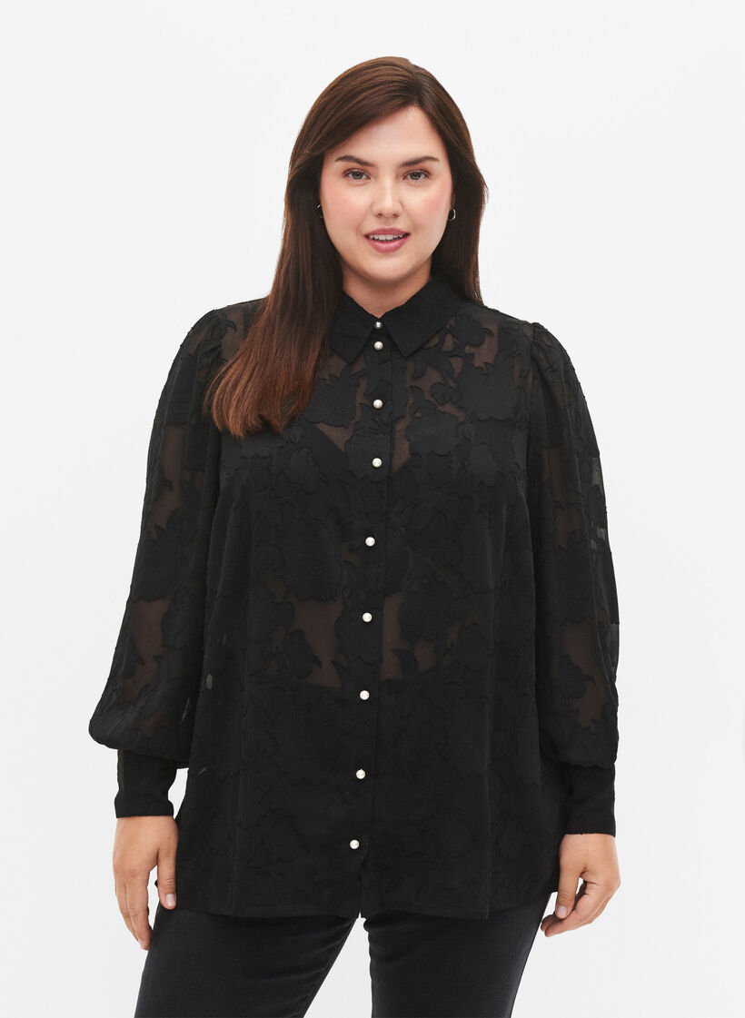 Chemise look jacquard avec boutons en nacre, Black, Model image number 0