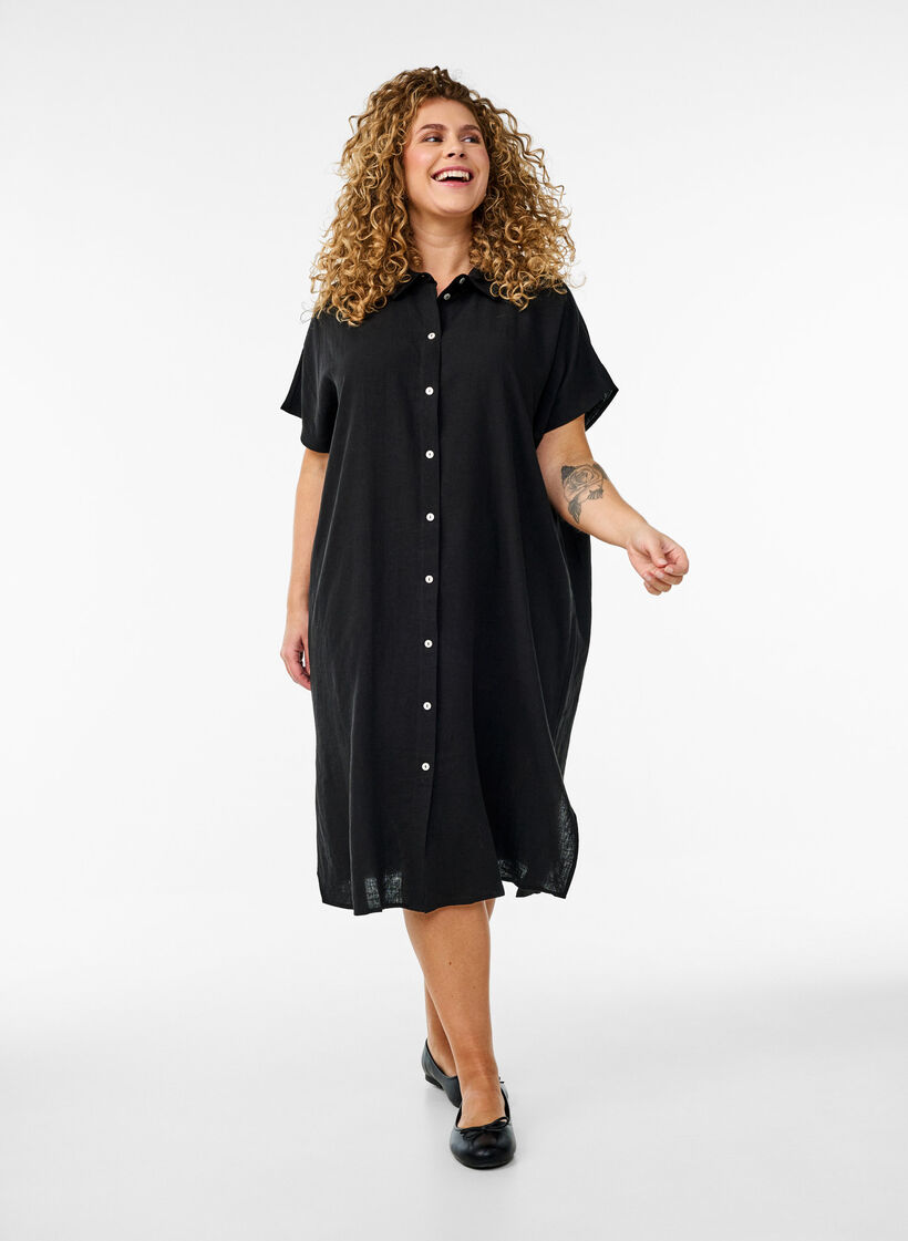 Chemise longue en viscose et en lin, Noir, Model image number 0