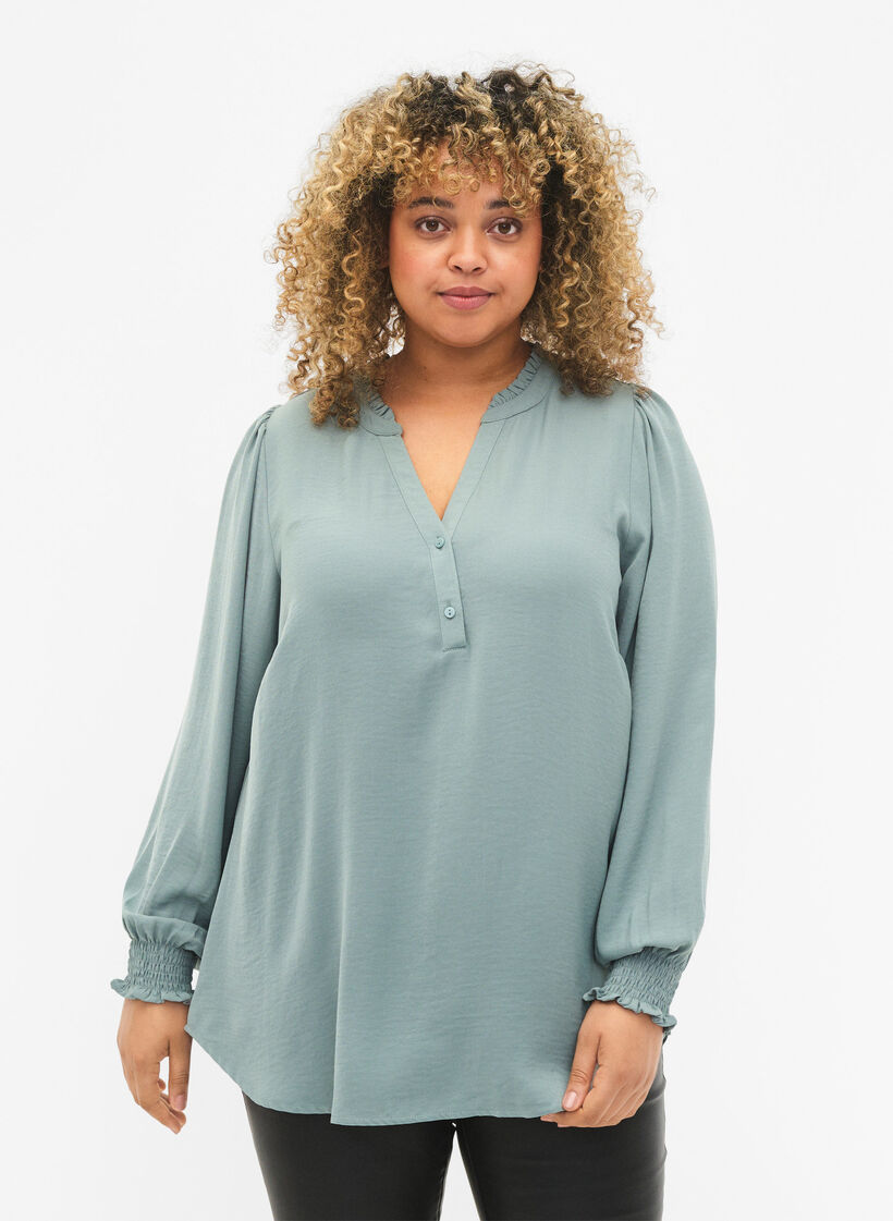 Blouse avec smocks et décolleté en V, Chinois Green, Model image number 0
