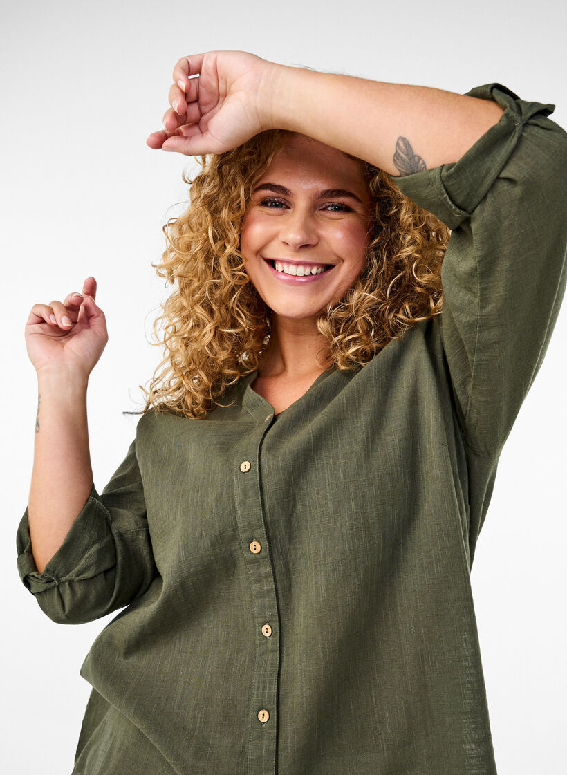 Chemisier en coton avec un col en V, Vert, Image image number 0