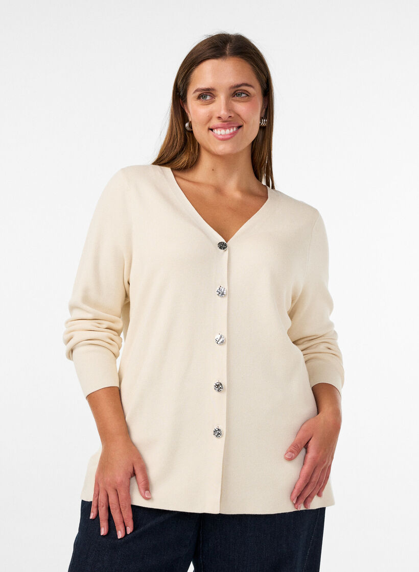 Cardigan en maille fine avec boutons d&eacute;coratifs, Vanille, Model image number 0