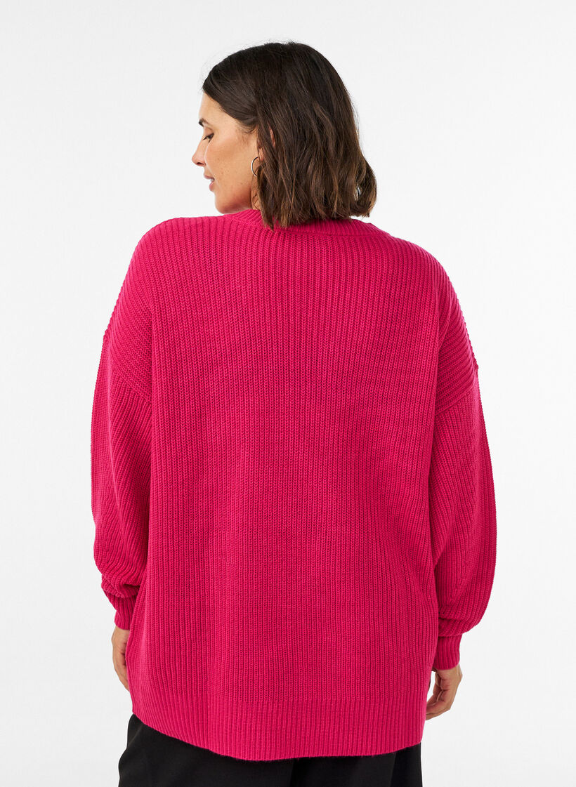 Blouse longue en maille c&ocirc;tel&eacute;e avec col en V, Rose, Model image number 2