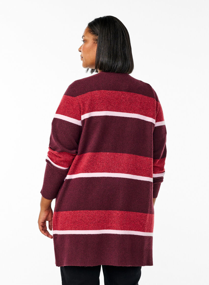 Cardigan long en tricot avec rayures larges, Bordeaux foncé, Model image number 2