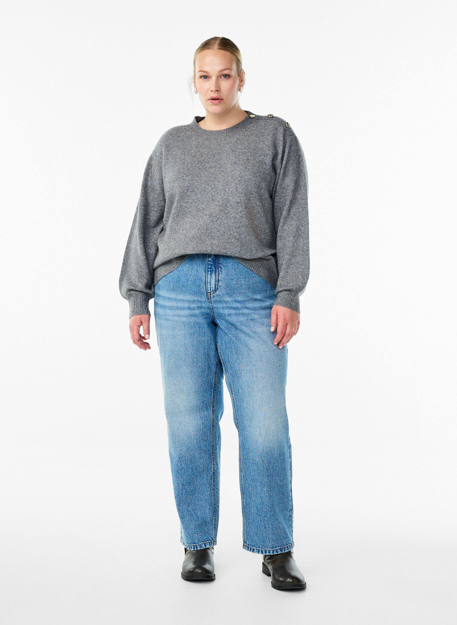 Zizzi Chemisier en maille avec boutons d&eacute;coratifs, Gris, Model image number 1