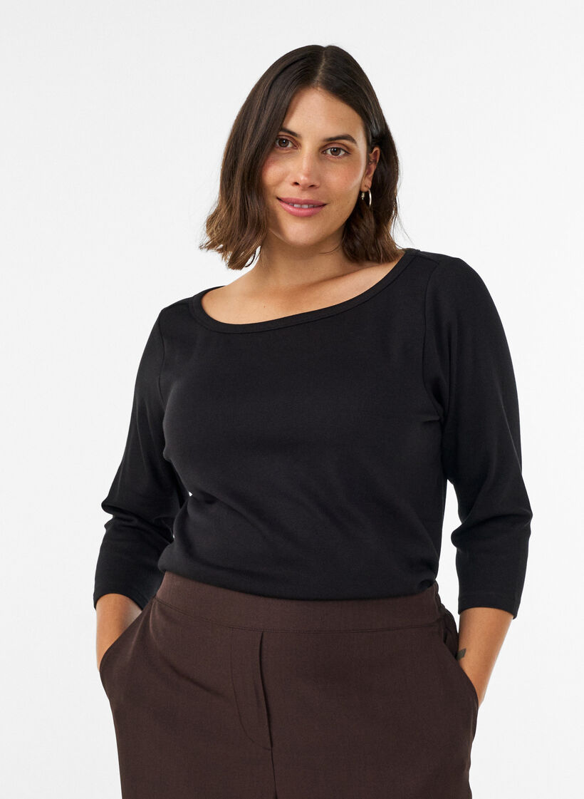 T-shirt basic &agrave; col bateau et manches 3/4, Noir, Model image number 0