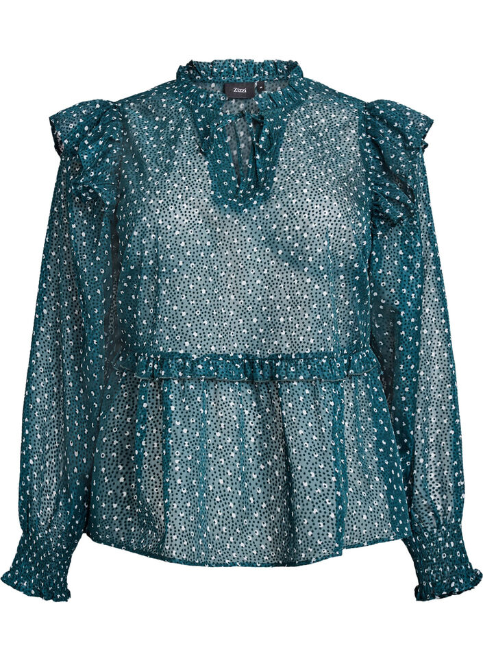 Blouse en mousseline à petits pois avec volants, Vert foncé, Packshot image number 0