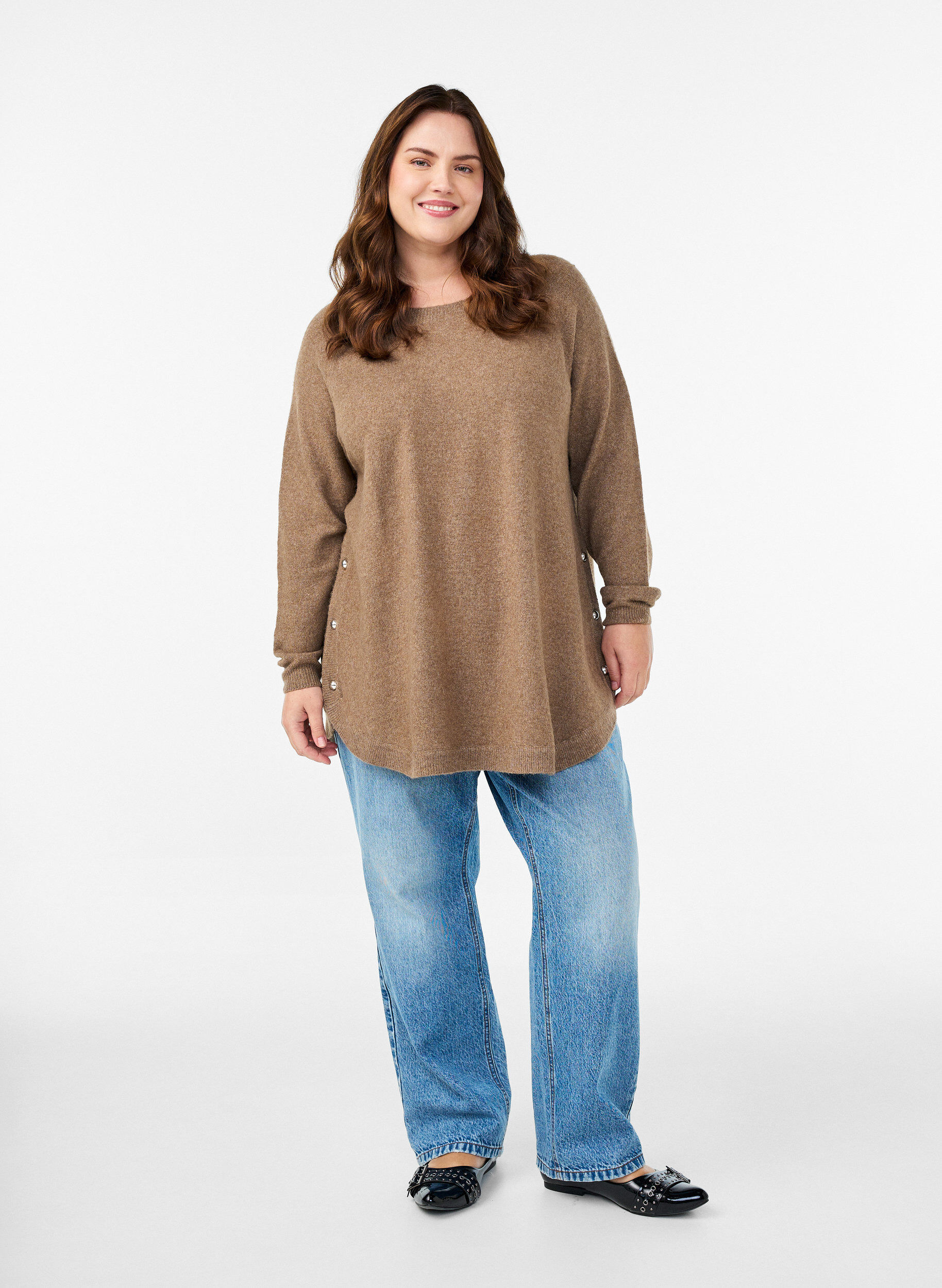ZizziBlouse longue en maille avec boutons boule, Marron, Model image number 1