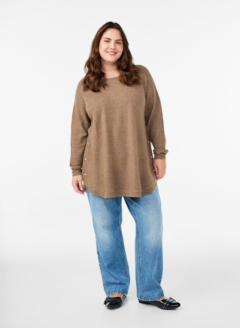 Blouse longue en maille avec boutons boule, Marron, Model image number 1