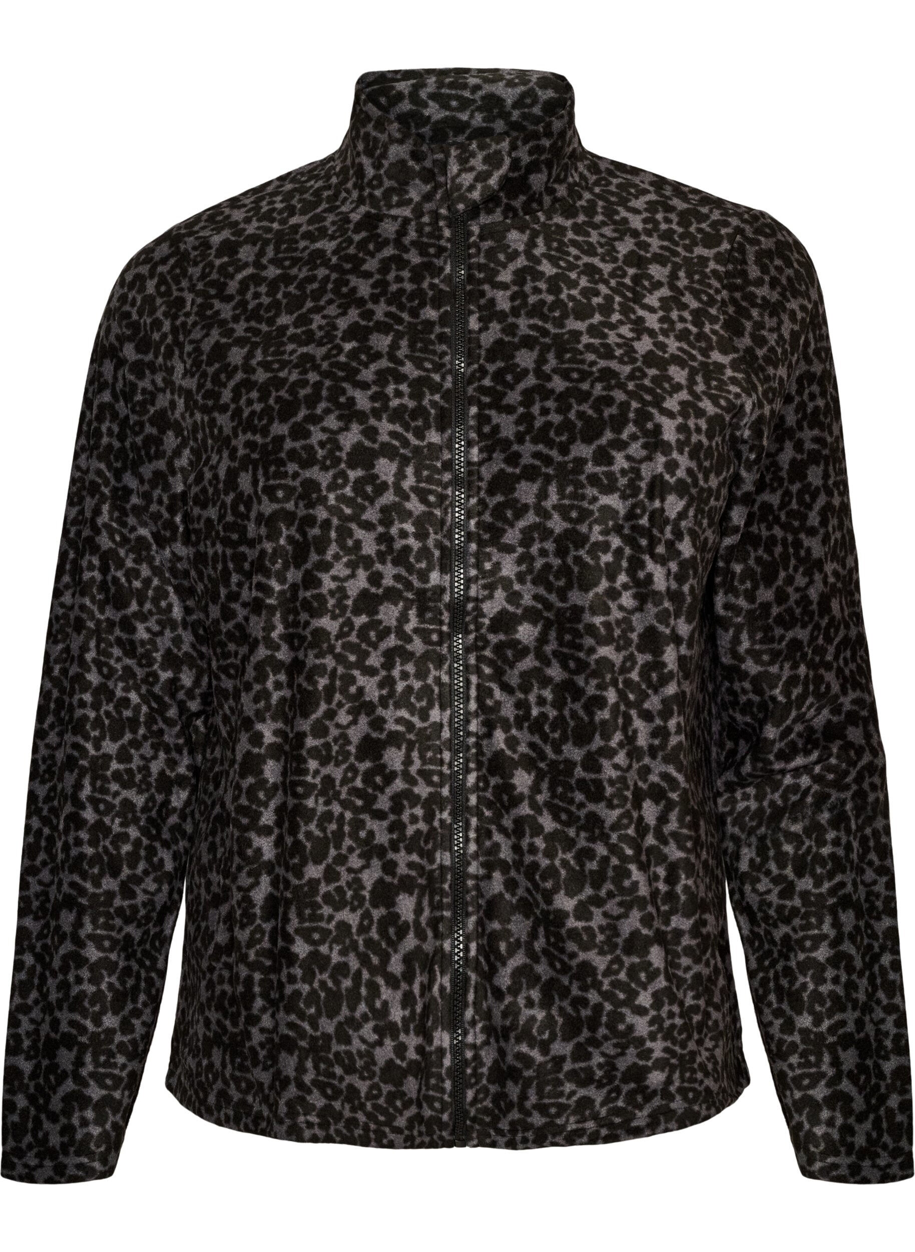 ZizziVeste en polaire &agrave; imprim&eacute; l&eacute;opard et col montant, Noir, Packshot image number 0