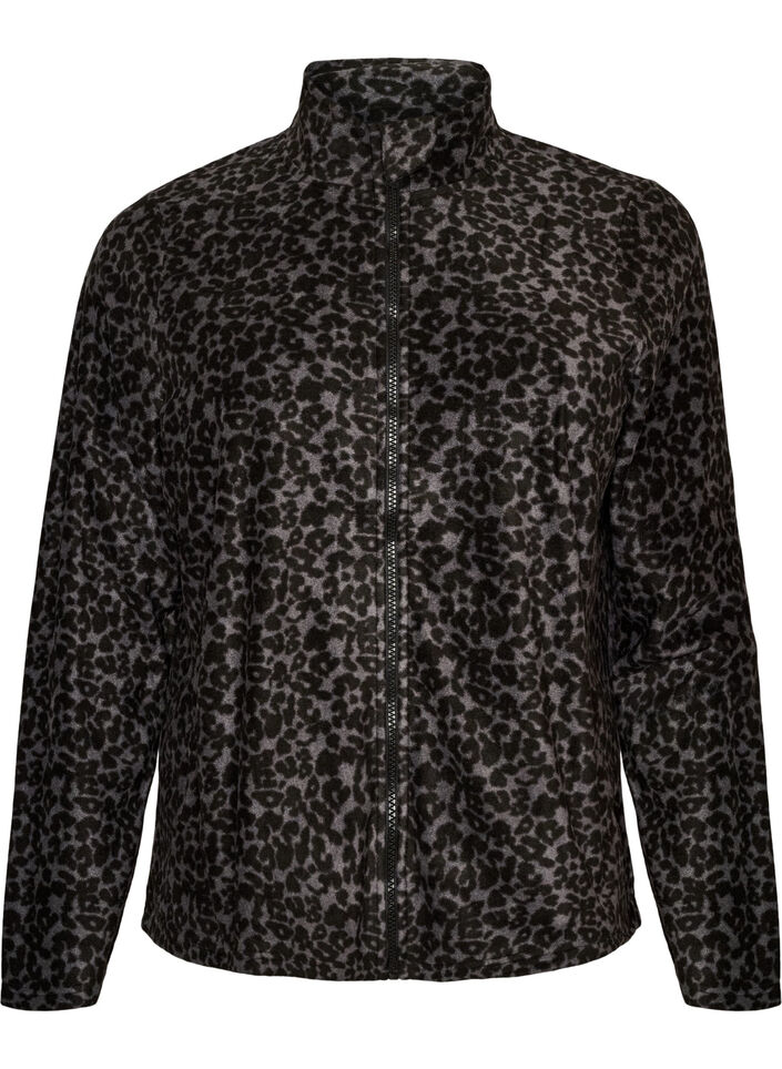 Veste en polaire &agrave; imprim&eacute; l&eacute;opard et col montant, Noir, Packshot image number 0