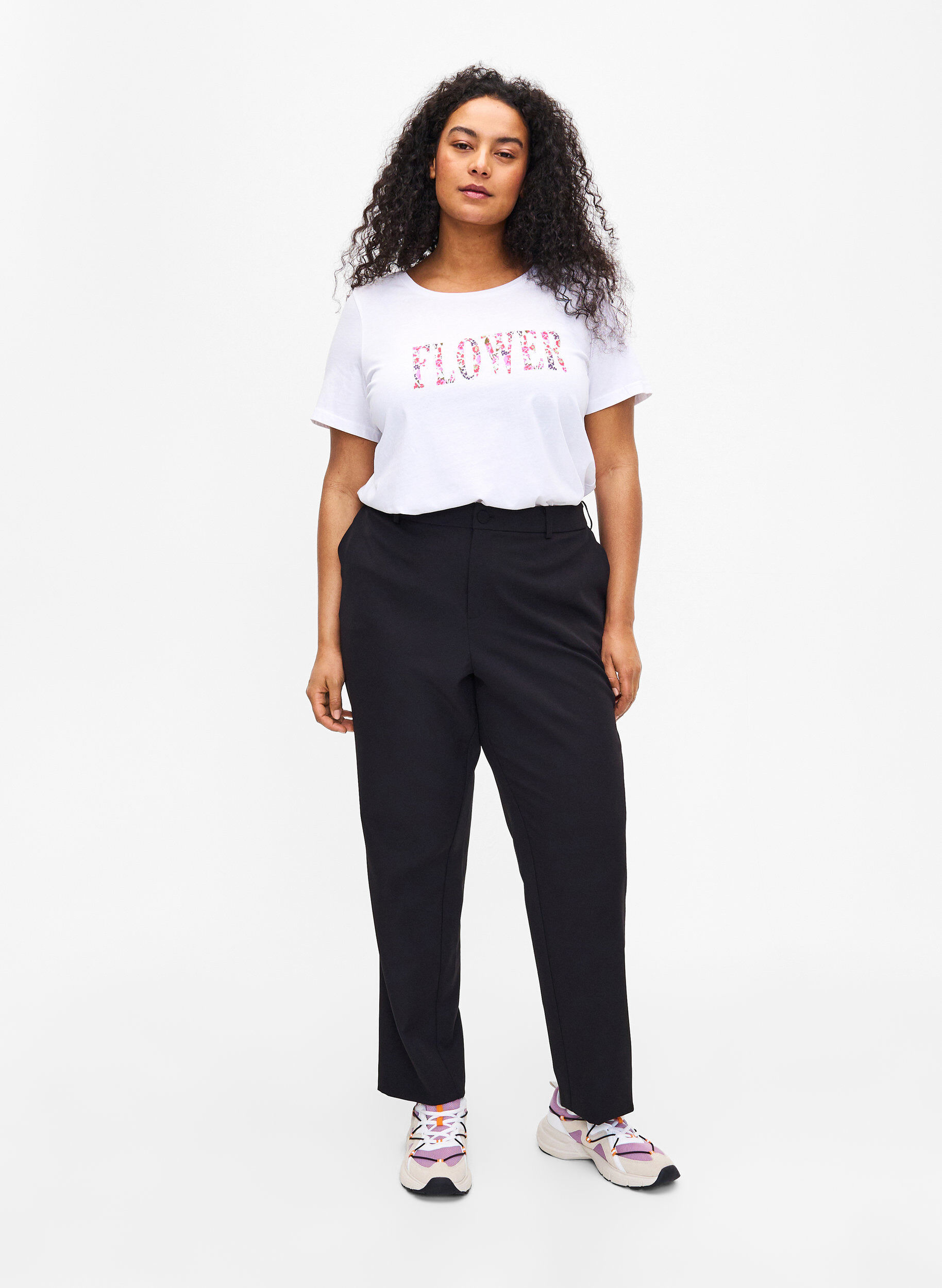 Zizzi T-shirt en coton avec imprim&eacute; texte, B. White w. Flower, Model image number 2