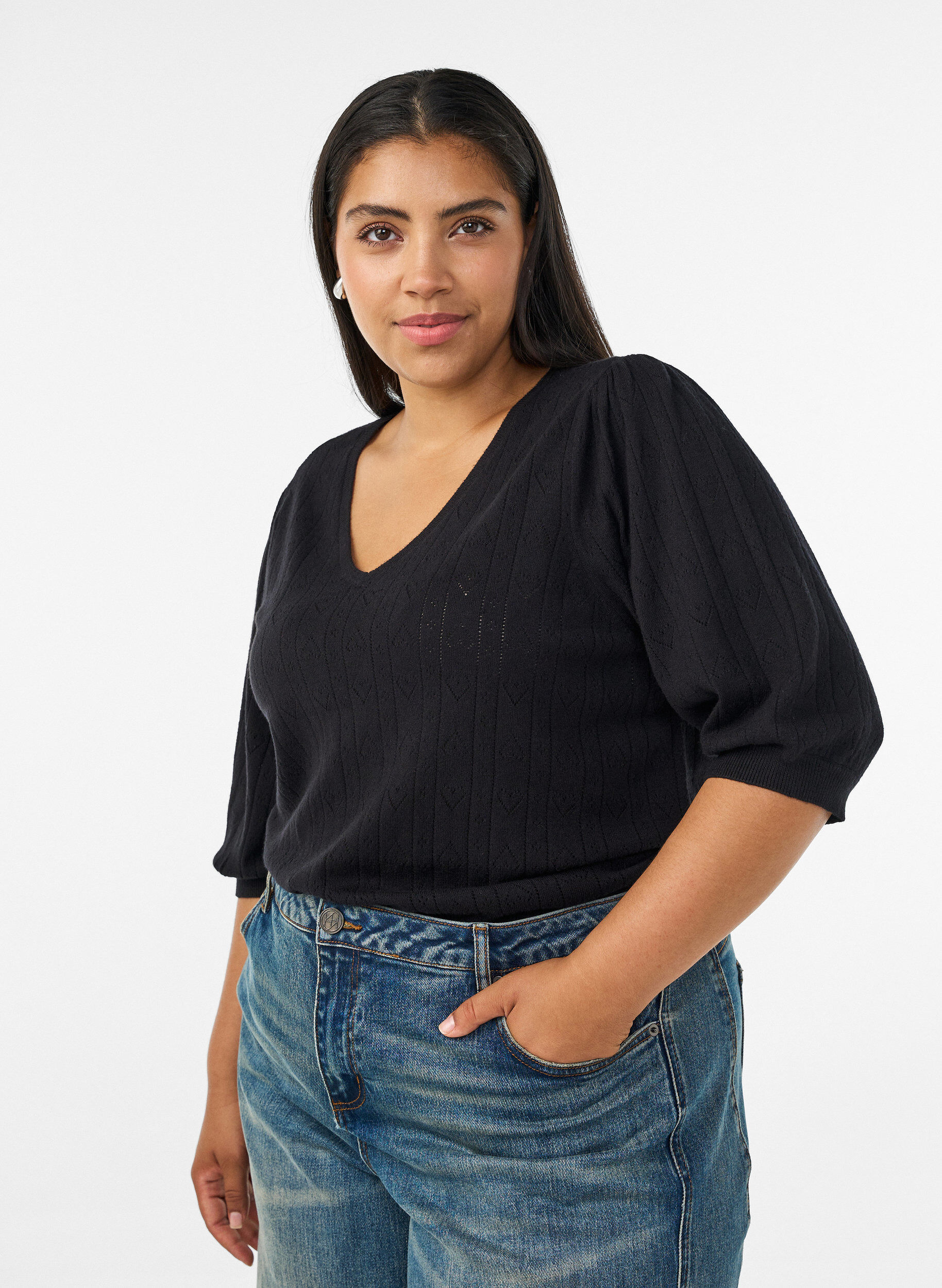 Blouse en maille pointelle &agrave; manches courtes, Noir, Model