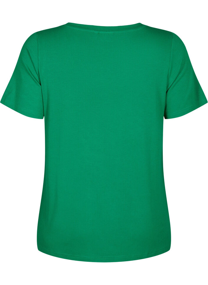 T-shirt en viscose côtelée avec col en V, Jolly Green, Packshot image number 1