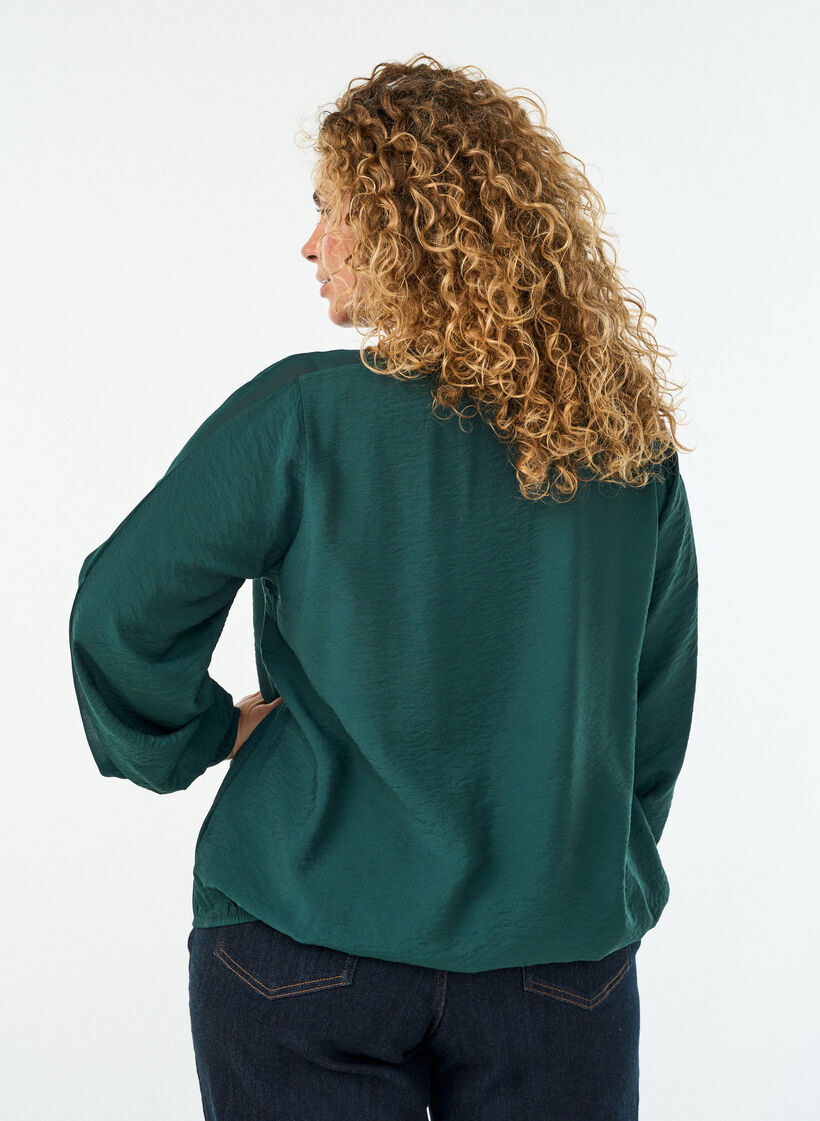 Blouse avec effet ballon et d&eacute;tails en mousseline, Vert fonc&eacute;, Model image number 2