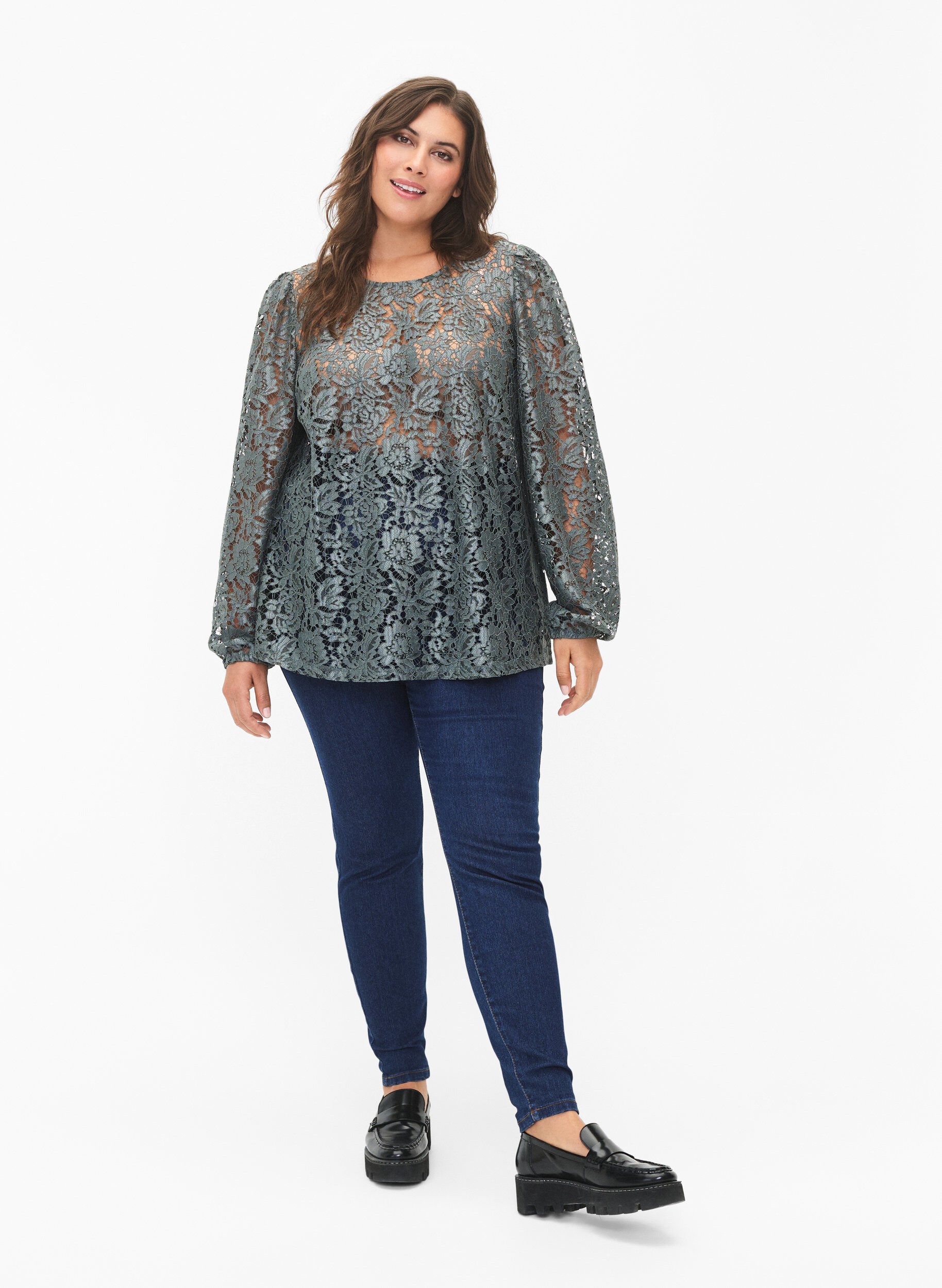 Zizzi FLASH &ndash; Blouse en dentelle &agrave; manches longues, Balsam Green, Model image number 2
