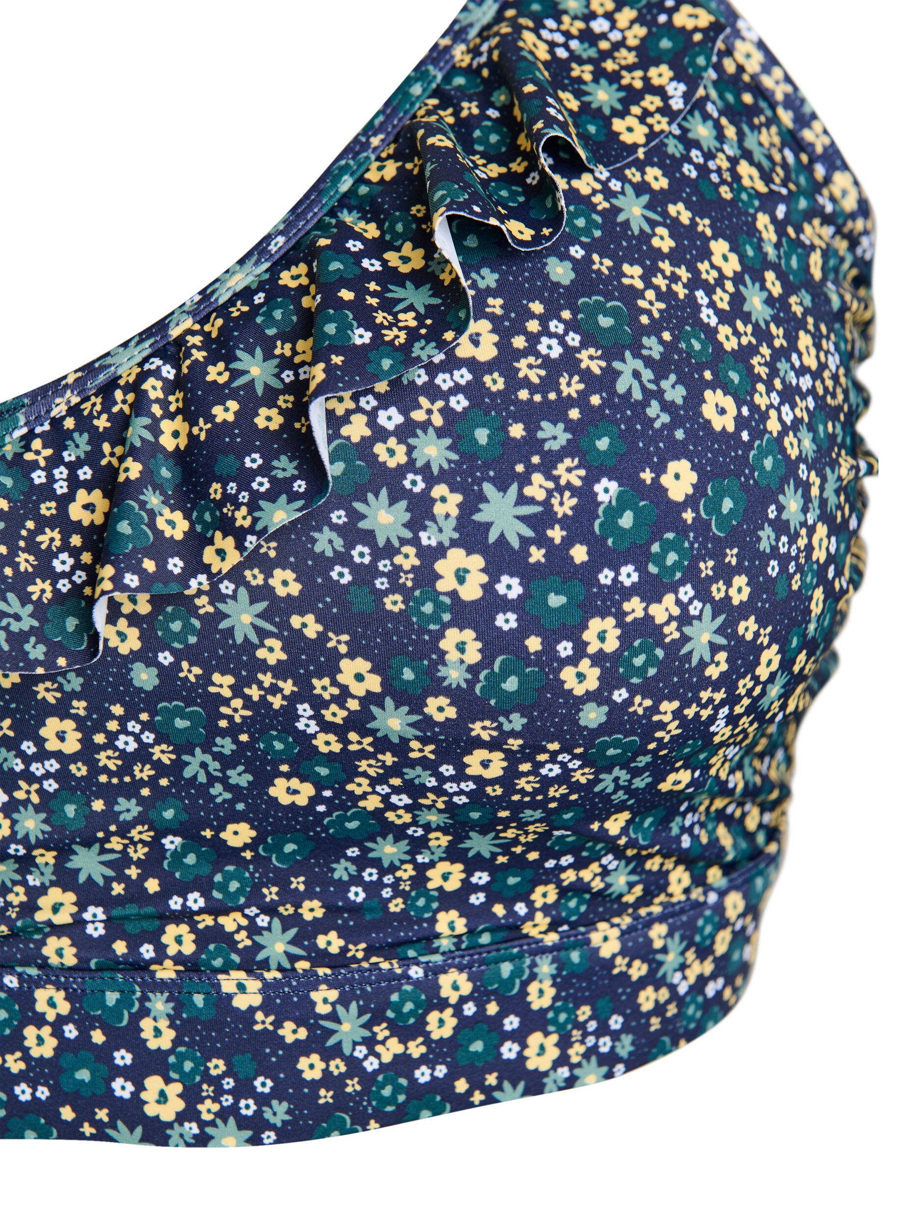 ZizziHaut de bikini &agrave; fleurs et &agrave; d&eacute;tails de jabot, Bleu p&eacute;trole, Packshot image number 2