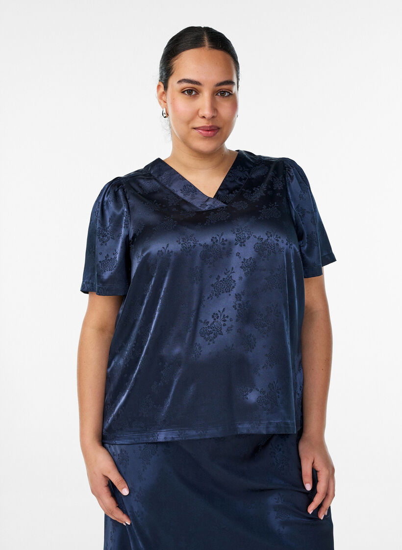 Blouse en satin &agrave; imprim&eacute; floral et col V, Bleu, Model image number 0
