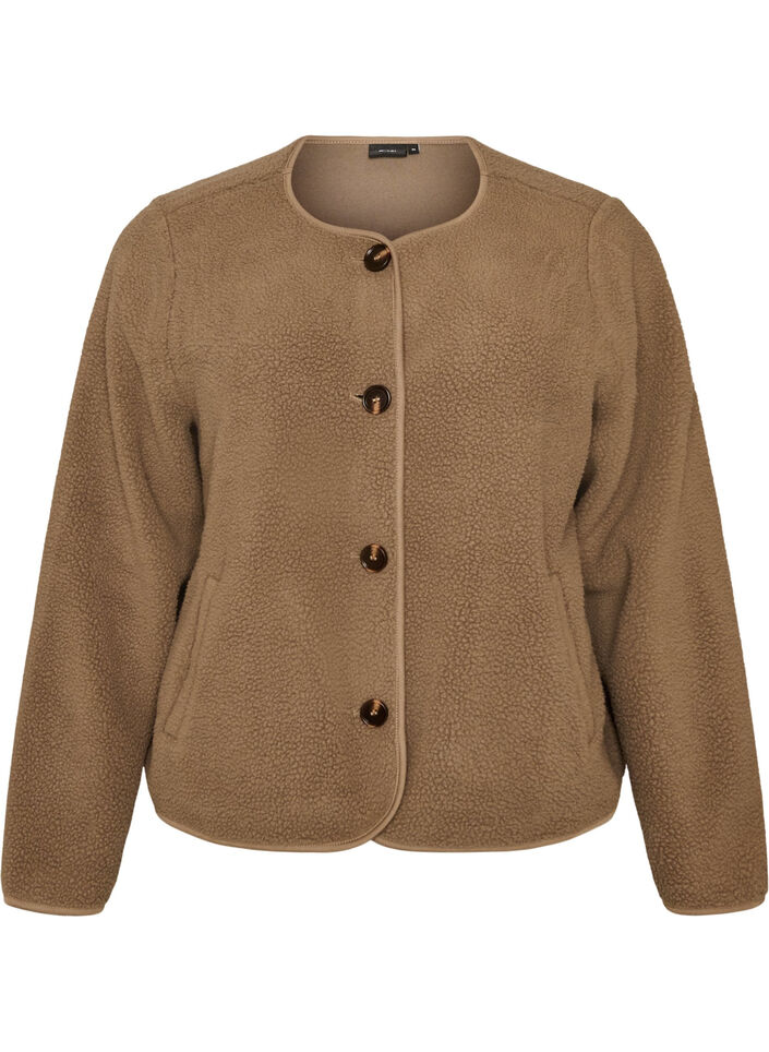 Veste teddy &agrave; col rond boutonn&eacute;e, Marron, Packshot image number 0