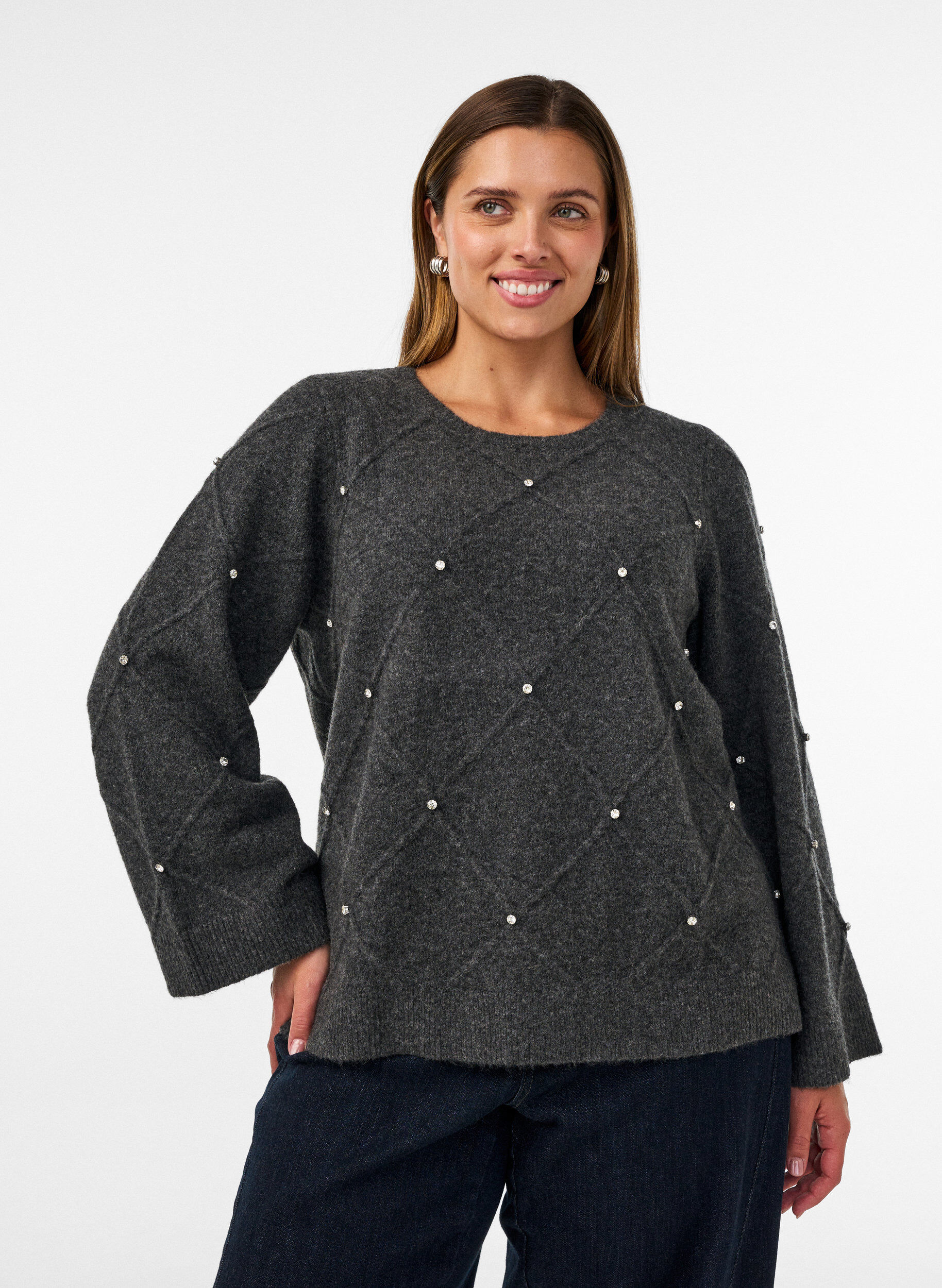 ZizziBlouse en maille avec strass et motif &agrave; losanges, Gris anthracite, Model image number 0