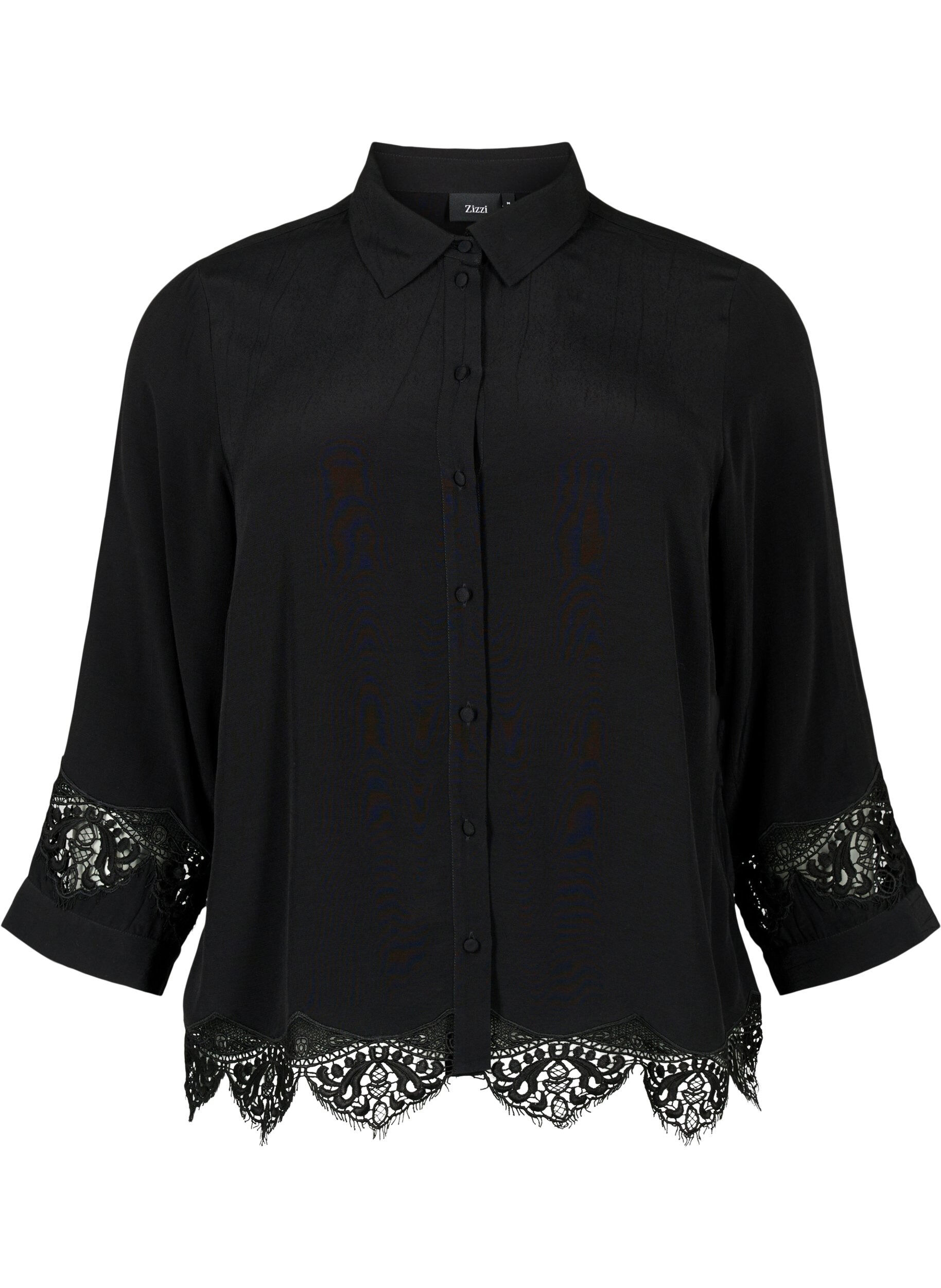 Zizzi Chemise en viscose avec manches 3/4 et d&eacute;tails de broderie, Black, Packshot image number 0