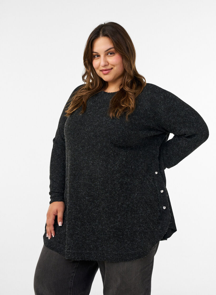 Blouse longue en maille avec boutons boule, Gris anthracite, Model image number 0
