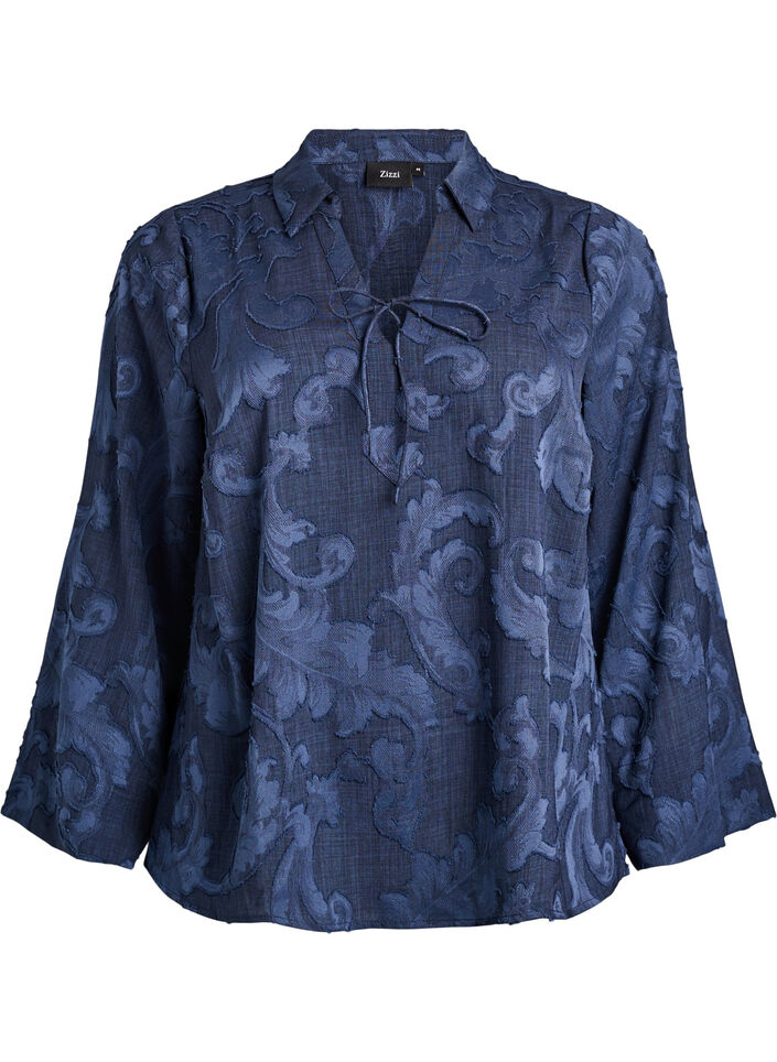 Blouse &agrave; motif tiss&eacute; textur&eacute; et col en V, Bleu, Packshot image number 0