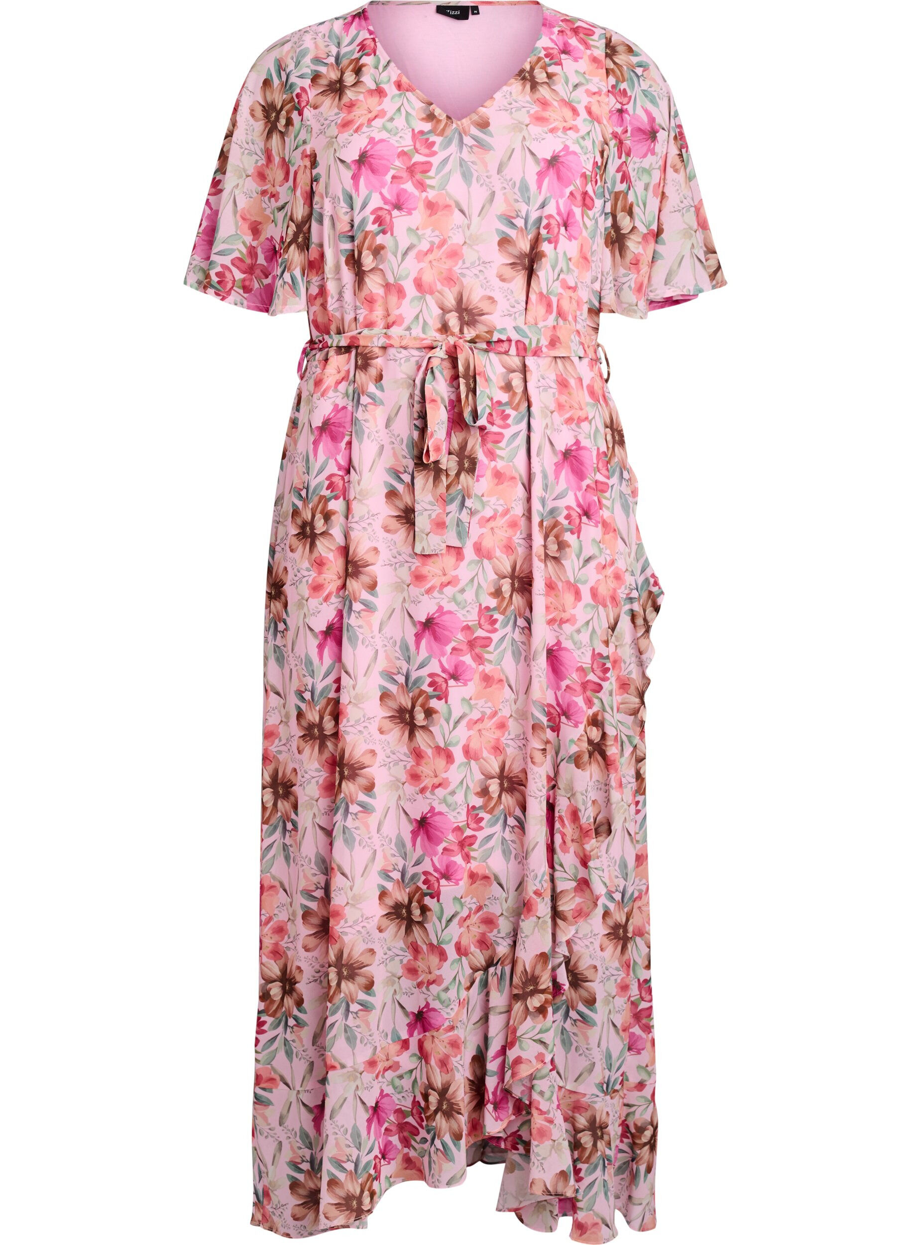 Robe longue en mousseline avec d&eacute;collet&eacute; en V et ourlet &agrave; volants